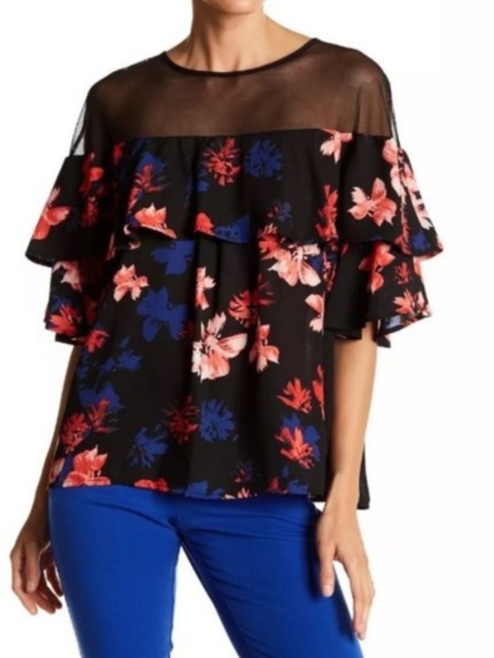 Vince Camuto floral mesh ruffled blouse, size medium